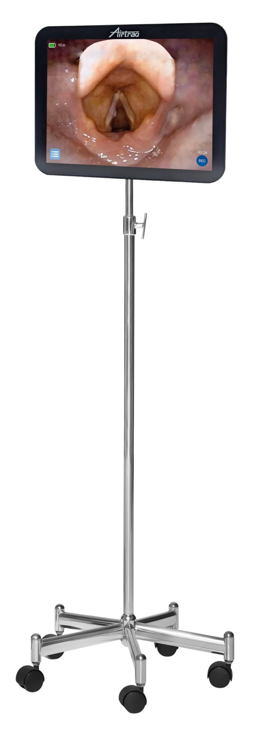 Airtraq Max View medical monitor on stand displaying glottis view during laryngoscopy.