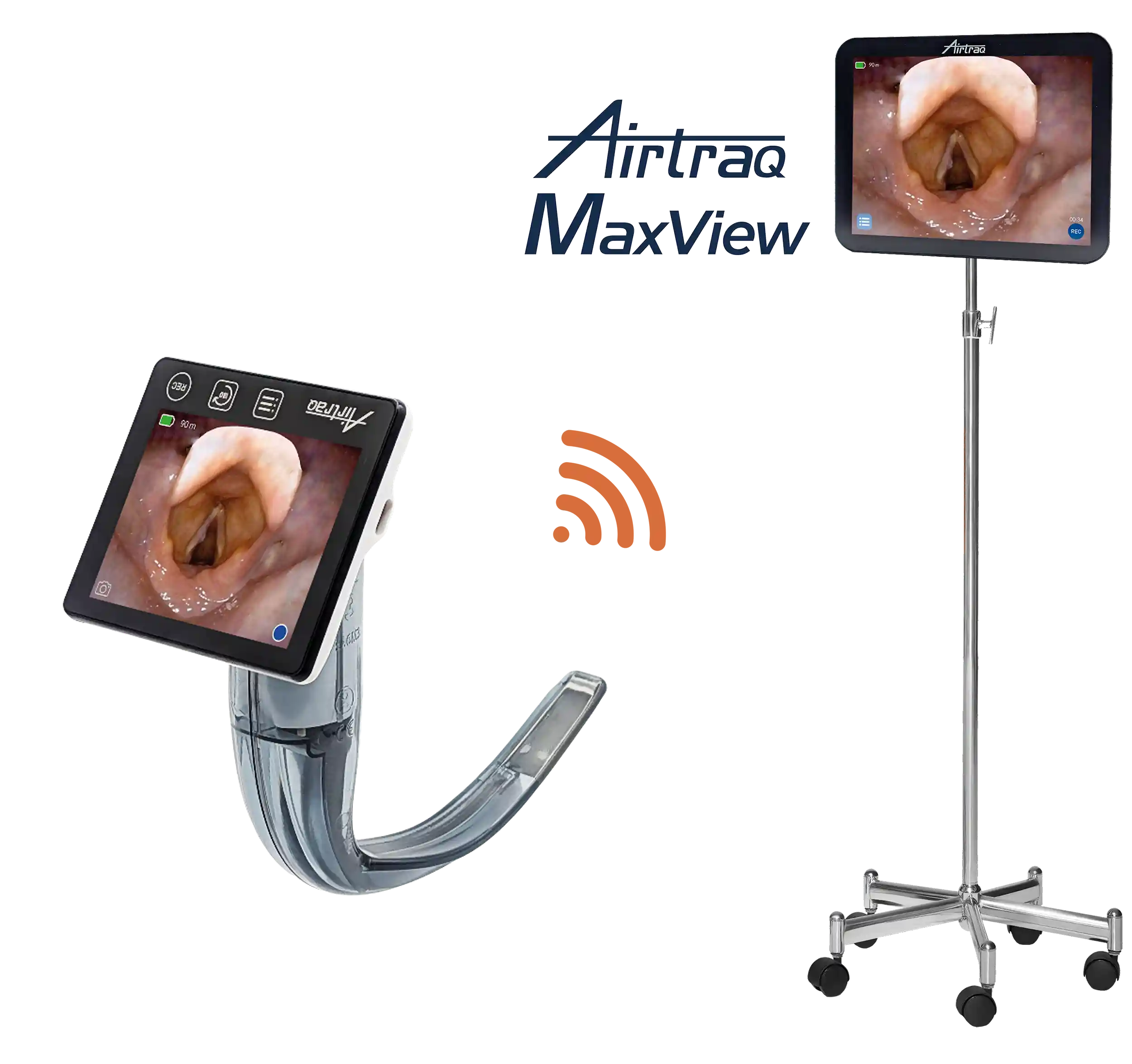 Airtraq Max View video laryngoscope connected wirelessly to medical monitor on mobile stand.