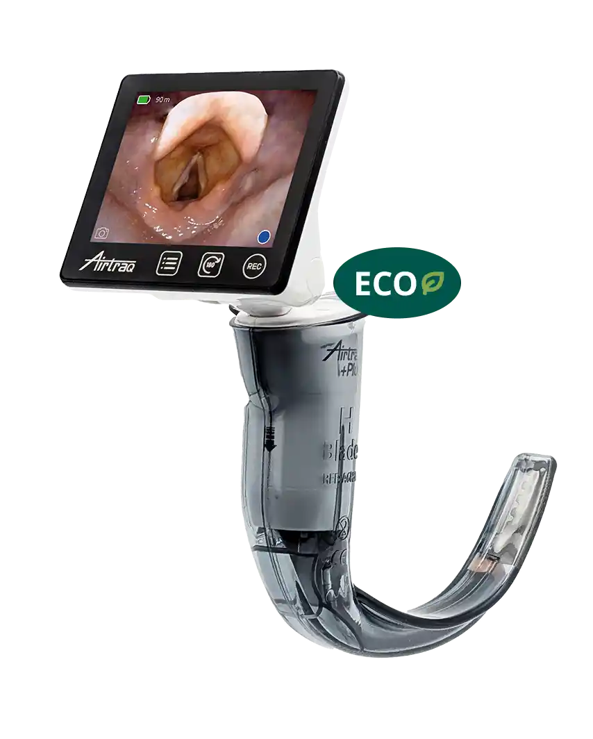 Airtraq Plus video laryngoscope with screen showing the larynx