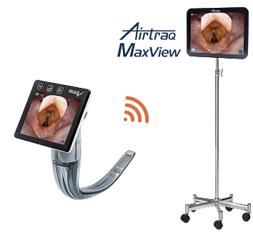 Airtraq Max View video laryngoscope connected wirelessly to medical monitor on mobile stand.